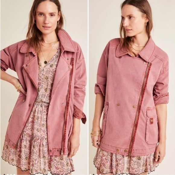 𝅺ANTHROPOLOGIE Relaxed Moto Parka Dusty Pink Zip Up Cargo Style Jacket Medium - Picture 1 of 14
